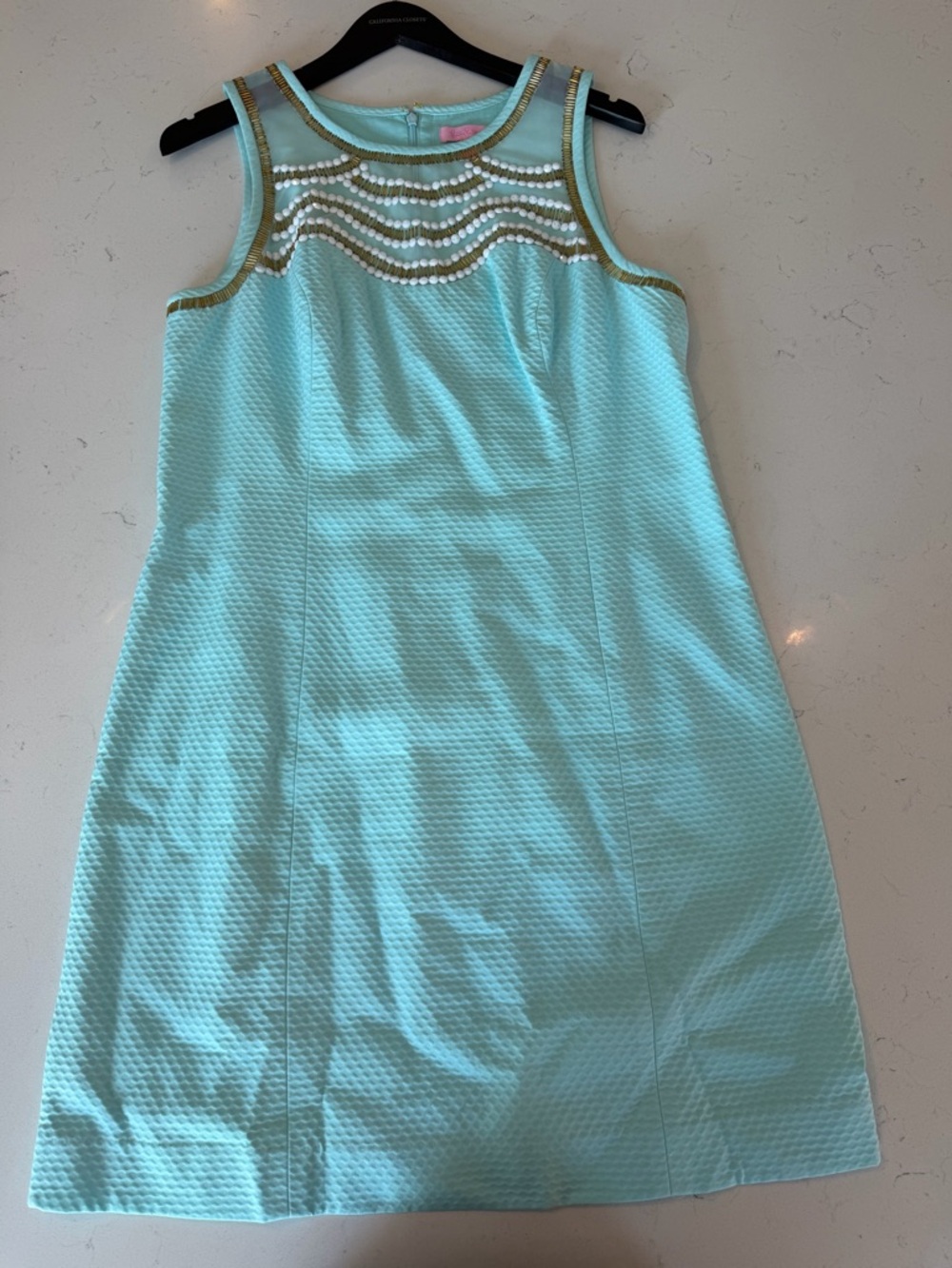 Lilly Pulitzer Aqua Textured Sleeveless Dress with Gold Beaded Yoke shift 12